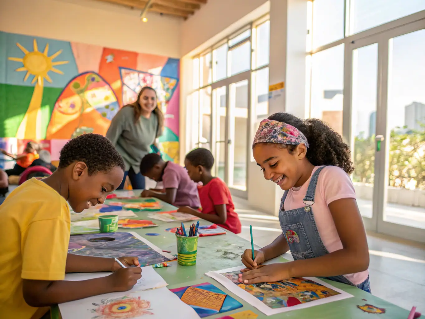 An image depicting a community art workshop, with participants of all ages engaged in creative activities and artistic expression.