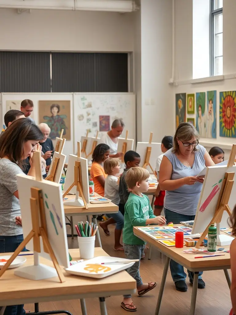 A photo of a community workshop, with participants actively engaged in a creative activity led by an artist.