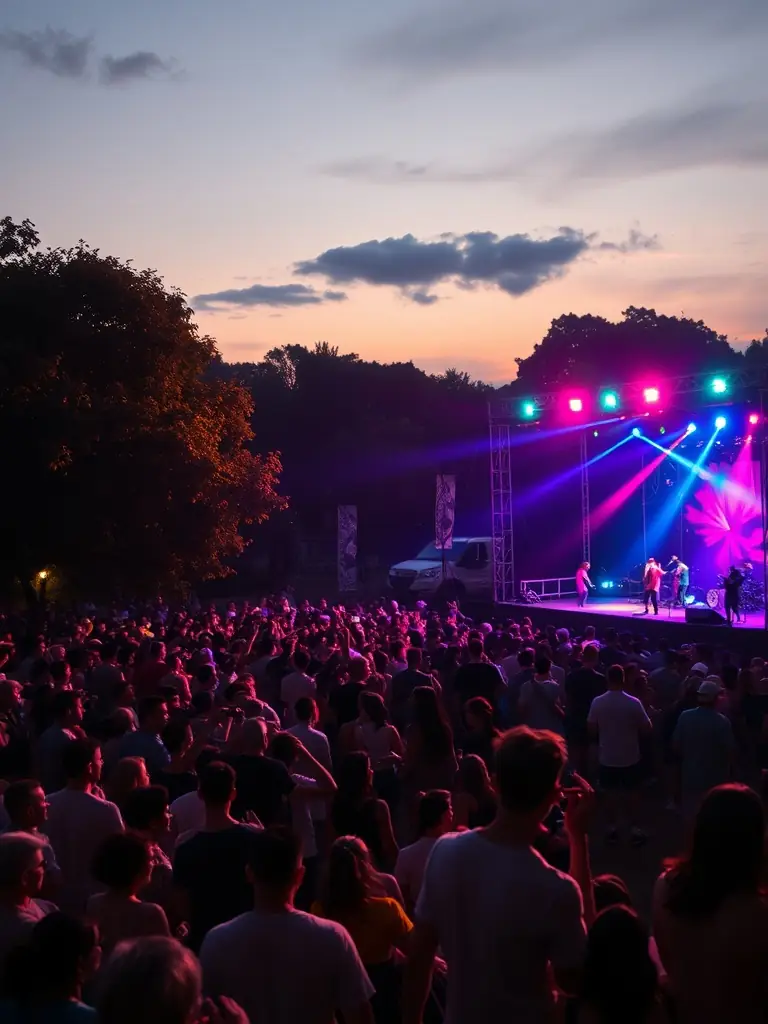 A photograph capturing the energy of a free concert on Place Gordaine, with musicians performing and a diverse crowd enjoying the music.