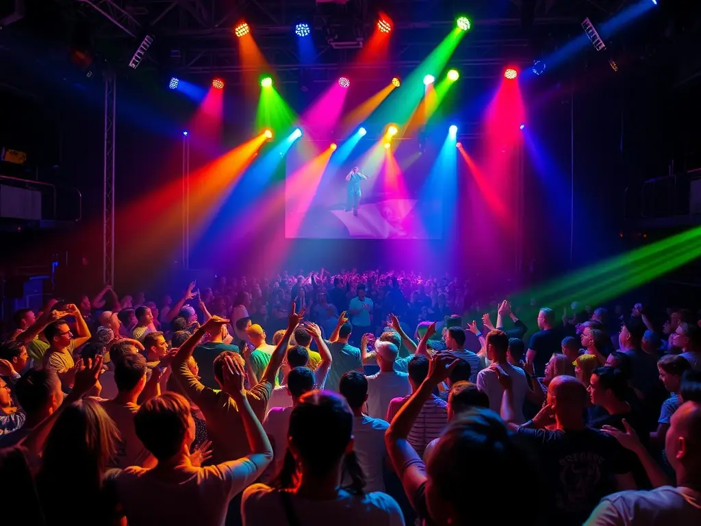 A vibrant image capturing the energy of a live concert on Place Gordaine, with diverse audience members enjoying the music and atmosphere.
