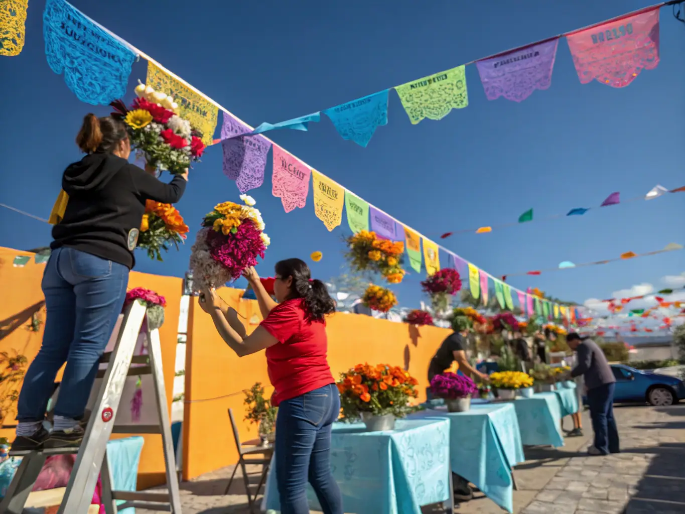 A heartwarming image of volunteers and community members working together to set up an event or assist with a cultural project. The image should emphasize the collaborative spirit and dedication of the organization.