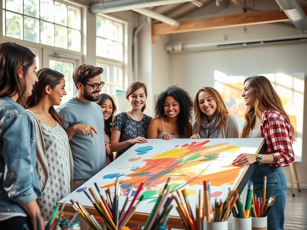 A dynamic image showing participants engaged in an interactive art workshop, with various art supplies and collaborative projects visible.