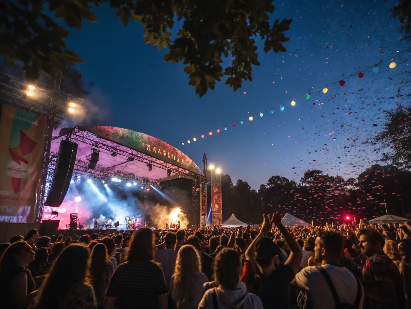 A vibrant image capturing the energy of a live concert on Place Gordaine, with diverse audience members enjoying the music and atmosphere.