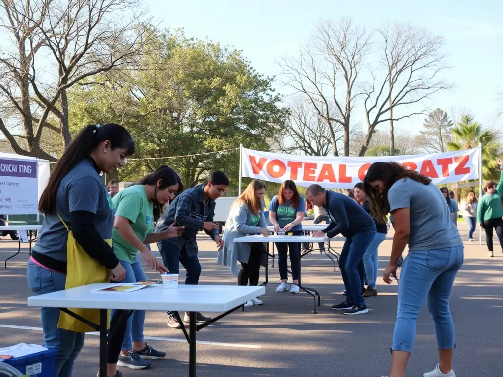 A photograph of volunteers setting up for a community event, showcasing the collaborative spirit and dedication of CULTURE GORDAINE - OBJECTIF 2028.