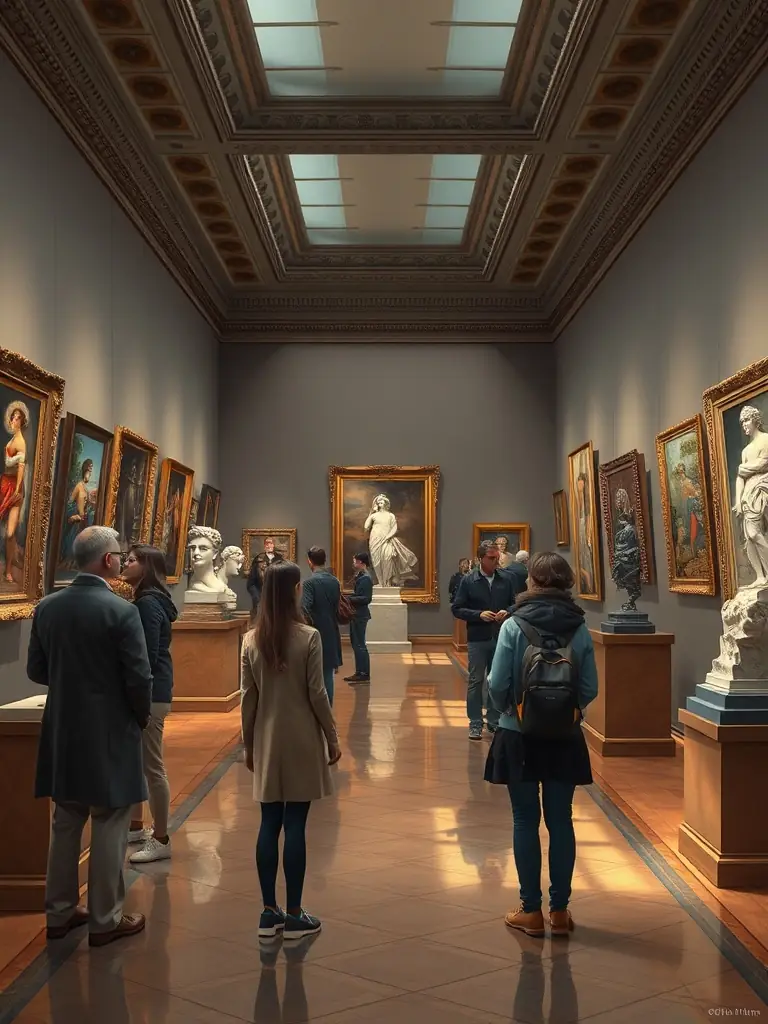 An image of an art exhibition, showcasing diverse artworks and visitors appreciating the displays.