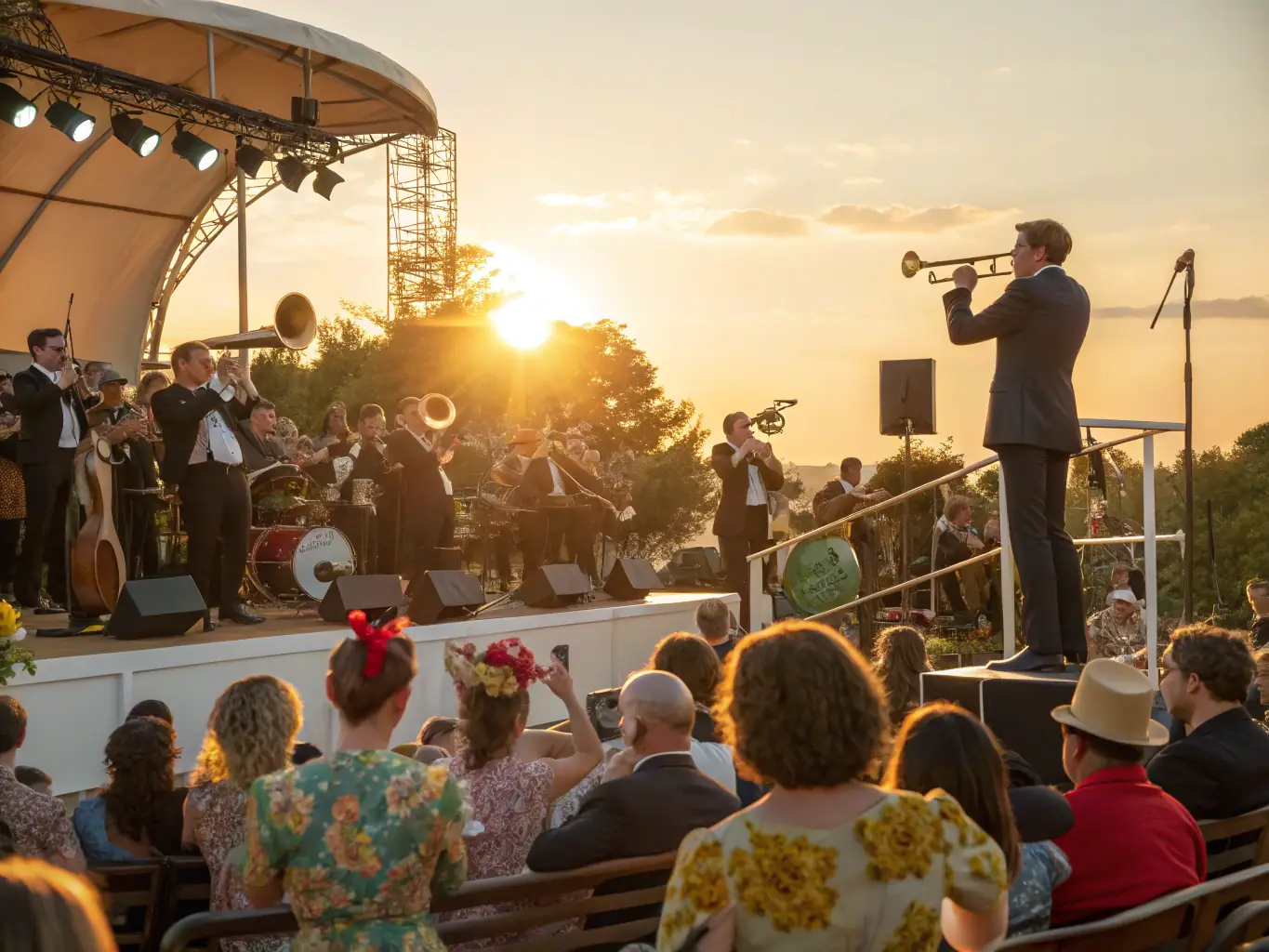 A vibrant image capturing a free concert on Place Gordaine, with diverse attendees enjoying the music and atmosphere. The scene should convey a sense of community and cultural celebration.